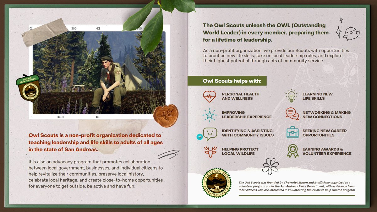 sidequestbri's tweet photo. preview of some park ranger stuff I'm working on for @New_Day_RP - we're starting up a scout troop!! i'm having fun making this lil handbook, designing all the badges and such has been super fun 🥰 #rangershit #GTARP https://t.co/XaI8g2eRWe