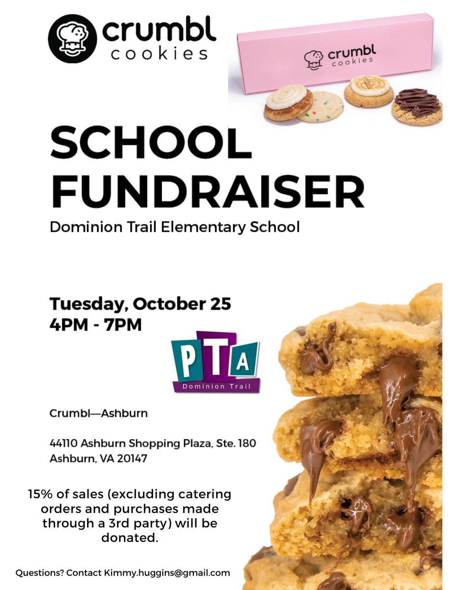 Join us Tuesday, October 25th, for TWO DTES Spirit Night events! 

First, stop at the Ashburn Village Pumpkin Patch between 3-8pm to grab a pumpkin &amp; play, then check out @CrumblCookies across the plaza for dessert between 4-7pm!

See you there!