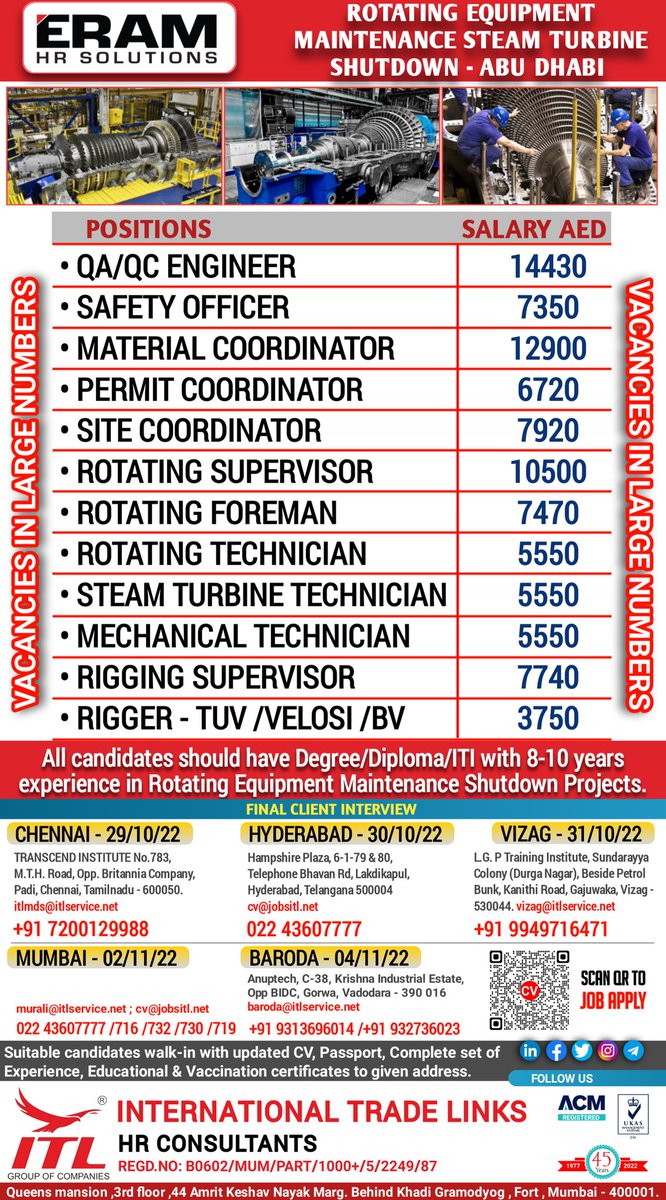 ItlJobs's tweet photo. JOB VACANCY FOR #abudhabi

CLICK ON LINK TO APPLY JOB > https://t.co/t4H7Iy9eMZ
Learn more :
https://t.co/L5a1jRLuOk

#rotatingequipment #shutdown #maintenancejobs #steamturbine #gasturbine #eram #hrsolutions #mechanical #supervisorjobs #rorating #petrochemical #refinery https://t.co/mqJcxJF8jg