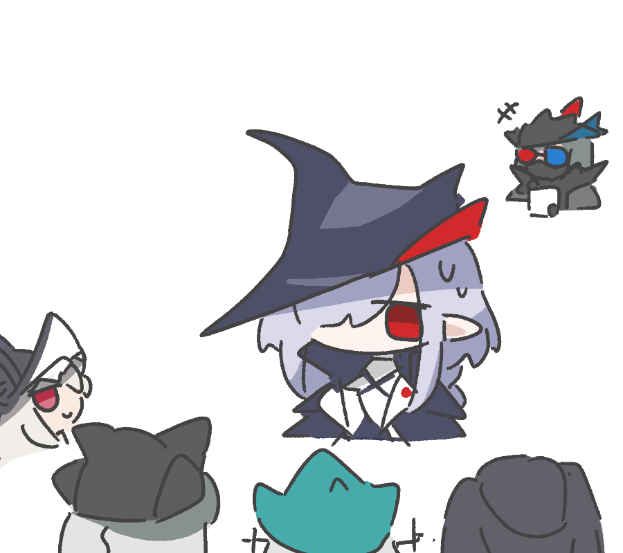 skadi (arknights) ,specter (arknights) multiple girls black headwear red eyes 3girls white background hat pointy ears  illustration images