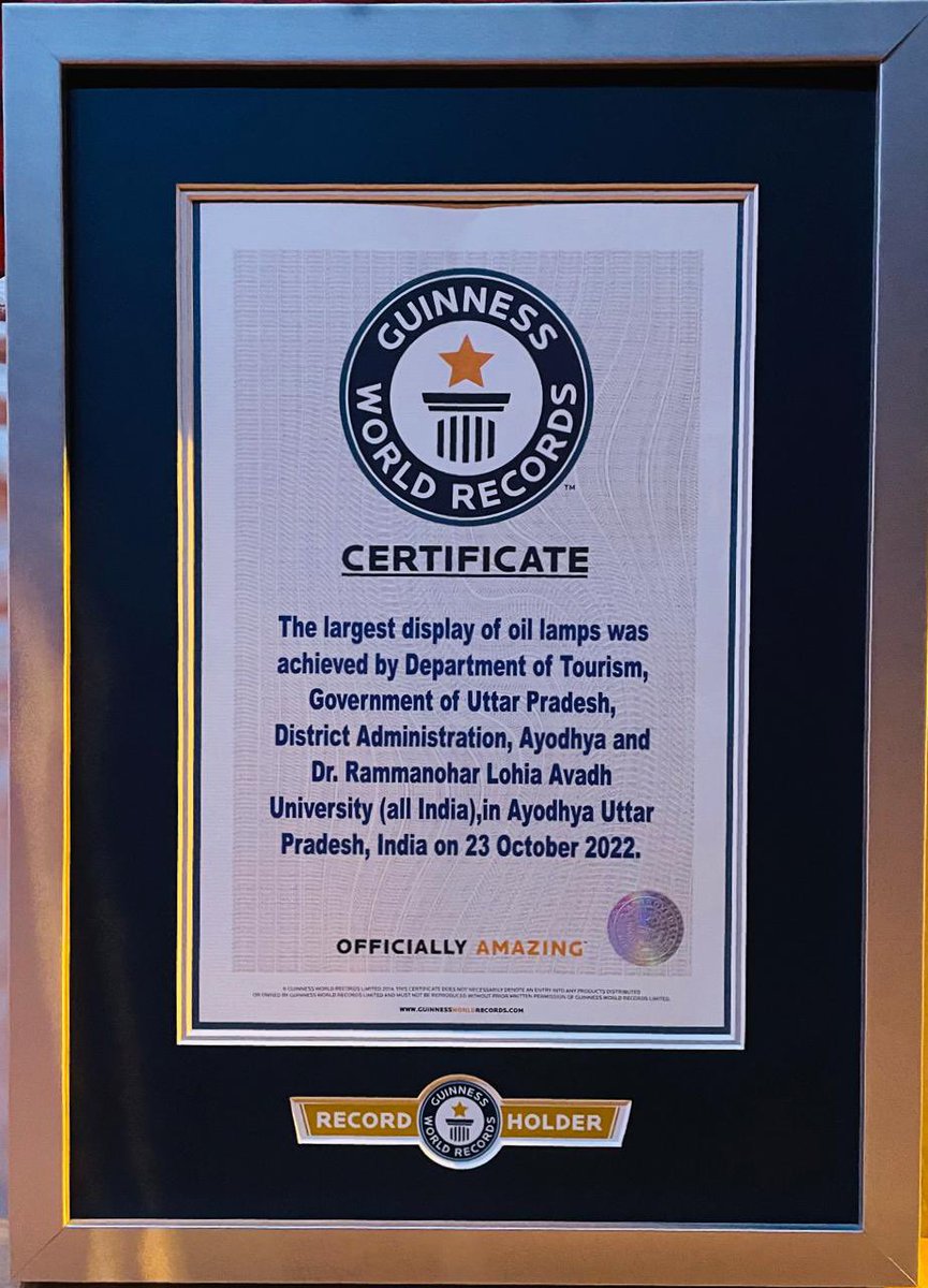 Record Made! We've bagged another mention in the #GuinnessBookofWorldRecords for lighting 15,76,000 diyas in #Deepotsav2022. A big celebration for @UPGovt and @uptourismgov #AyodhyaDeepotsav #DeepotsavAyodhya2022 #Deepotsav #Ayodhya #UPNahiDekhaToIndiaNahiDekha #RethinkTourism