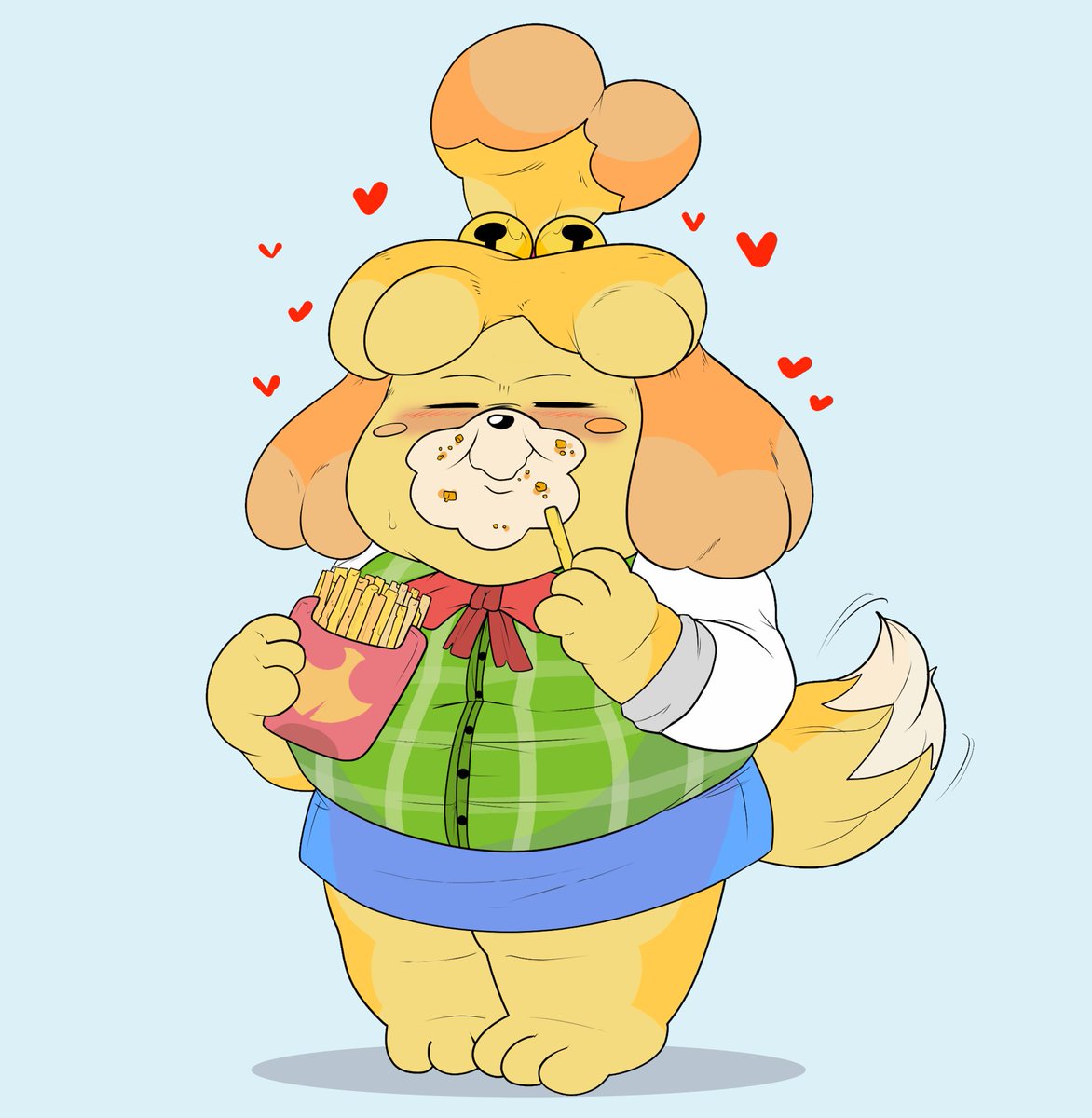 isabelle (animal crossing) english text 1girl furry shirt 1boy blue background standing  illustration images