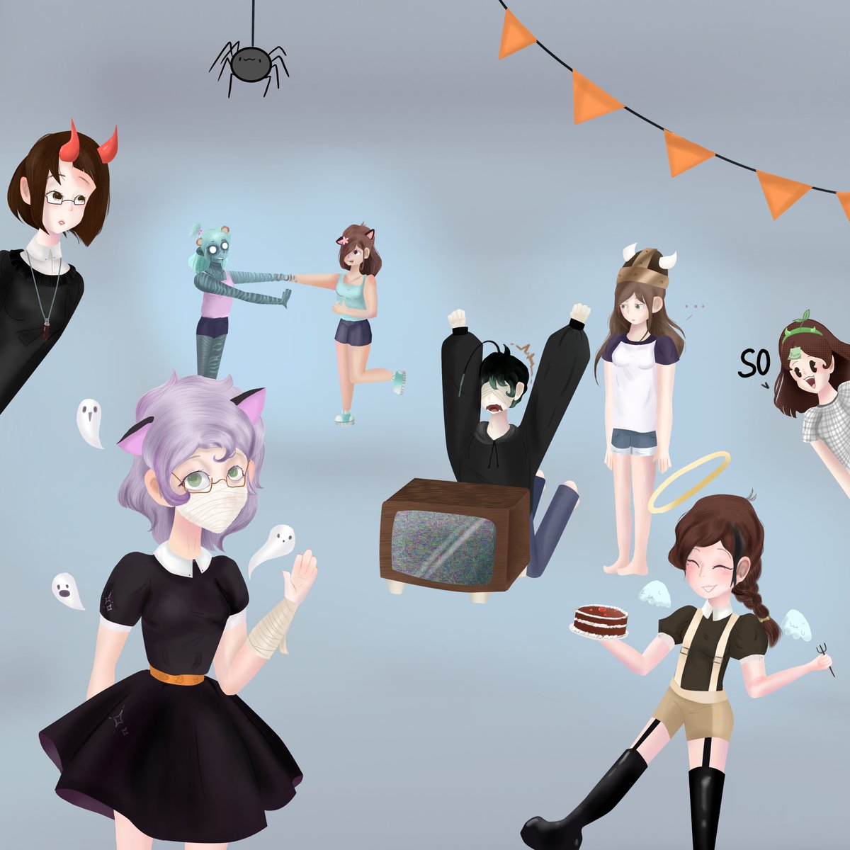 SlippersSleepy's tweet photo. My ocs dressed as Ghost's characters for Halloween. Yes.

Why didn't I post inktober? BECAUSE OF THIS. I spent something like 4 days on it and I really love the result.
#Halloween #oc #ghostandpals #amongusoc #WeirdSus #drawing #art https://t.co/6ppwnoEtcA
