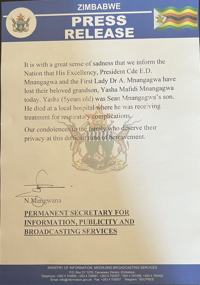 LOSS of a loved one is such a painful and sad moment. My deepest condolences to the <a href="/edmnangagwa/">President of Zimbabwe</a> family on the tragic loss of their beloved grandson,Yasha. Our prayers are with the family during this very difficult time. May Yasha’s soul Rest In Peace.