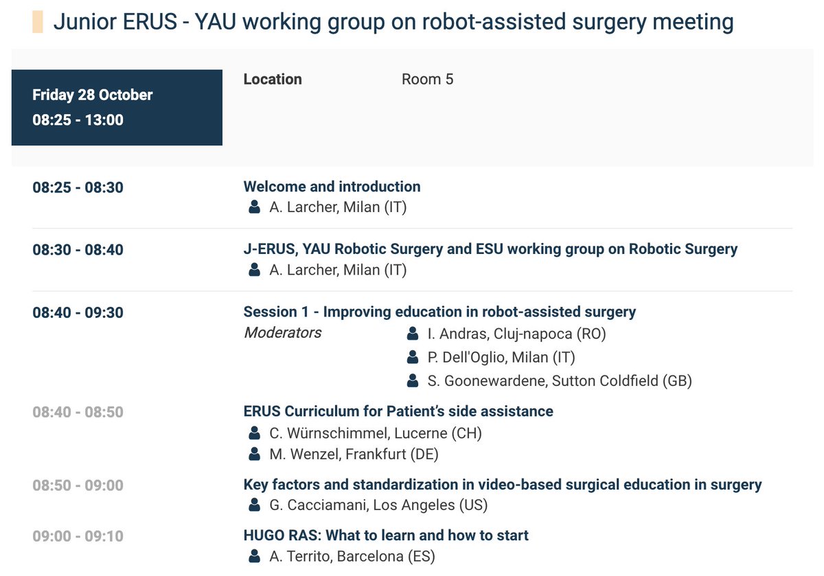 New robotic systems, training pathways and step by step discussion about basic and advanced technique in robotic surgery: superb program at the Junior @ERUSrobotics / @EAUYAUrology session of #ERUS22. Join us on Friday 28 October in Room 5. Barcelona Robotika. @AlbertoBreda1