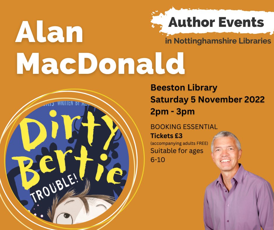 Meet award winning author, Alan MacDonald as he tells stories about Dirty Bertie, the scruffiest trouble magnet in the world.  There’ll be storytelling, participation and even a chance to draw your own Dirty Bertie cartoon! Book your tickets here: bit.ly/DirtyBertie 🎉