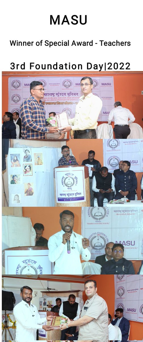 masuforjustice's tweet photo. 3rd Foundation Day Celebration
2022  #MASU
#Special_Felicitation_Teachers_Professor
Winner
#NitinGhope-Buldhana
#DrSantoshKamble-Karnataka
#VinodKumarBhong-Kolhapur
#MaheshPatil-Jalgoan

@SiddharthSIngle

#Restart_Students_Union_Elections 
#Education_Is_Not_For_Sale

Part-5 https://t.co/BntBFGaWQR