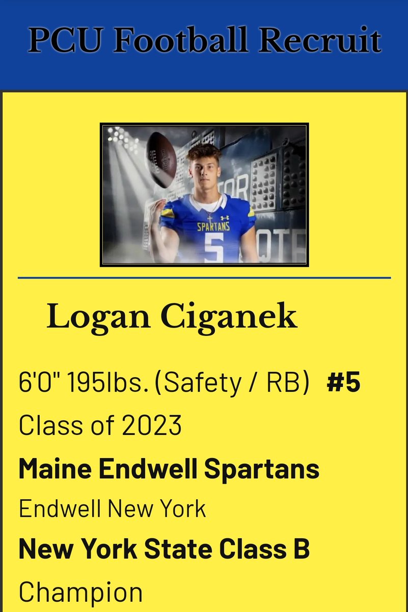 PCUFOOTBALL's tweet photo. PCU Football Recruit-
Logan Ciganek (Safety)
6'0 195lbs
Class of 2023
Maine Endwell HS Endwell NY
https://t.co/V5e7nUa98l
#PCUFootballRecruit
#PCUFOOTBALL https://t.co/CE7qWQSZAD
