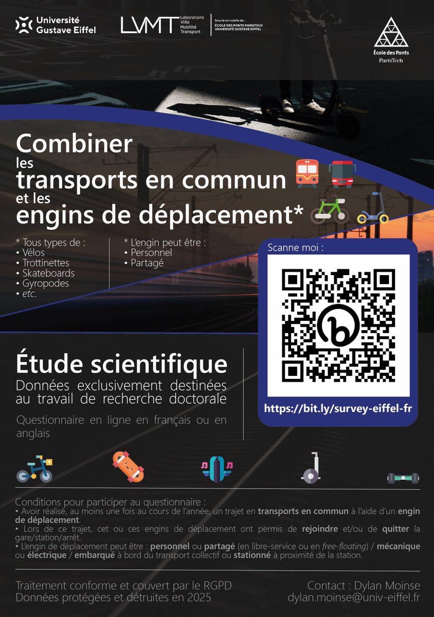 [ENQUÊTE SUR LA #MOBILITÉ 🏙️]

🚲 Vous utilisez un engin de déplacement pour rejoindre ou sortir d’une station de #TransportsEnCommun ? 🛴➕🚆
Participez à cette #enquête scientifique de l'@UGustaveEiffel en remplissant ce #questionnaire en ligne 📊

➡️ bit.ly/survey-eiffel-…
