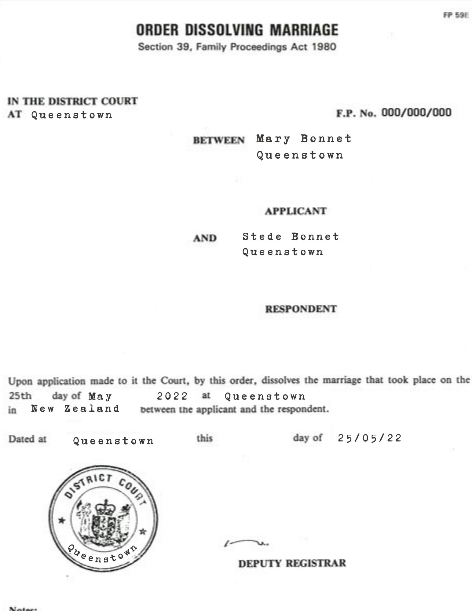 A government document detailing the divorce of Mary and Stede in Queenstown. 