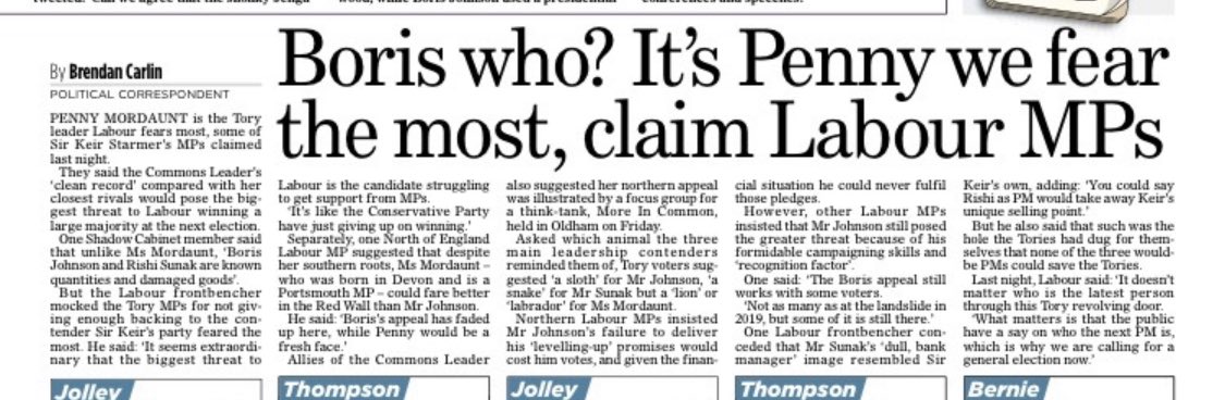 The Mail writes that @PennyMordaunt is the candidate Labour fear the most. That's not Team PM4PM saying so, that's a Labour Shadow Cabinet Minister and Keir Starmer's advisers saying so. #PM4PM