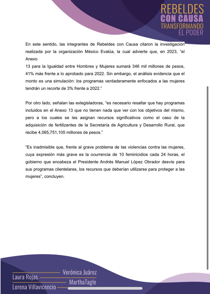 Inaceptable el desvío de recursos públicos que deberían emplearse para garantizar derechos de las mujeres. El #Anexo13 debe recuperar su sentido, ser transversal  y destinar recursos para la igualdad entre mujeres y hombres