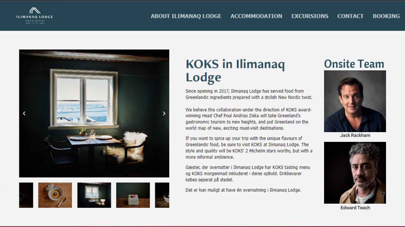 A webpage for the lodge restaurant, KOKS in Ilimanaq Lodge. Onsite team headshots for Jack Rackham and Edward Teach. General details about the restaurant as a Michelin star location. 