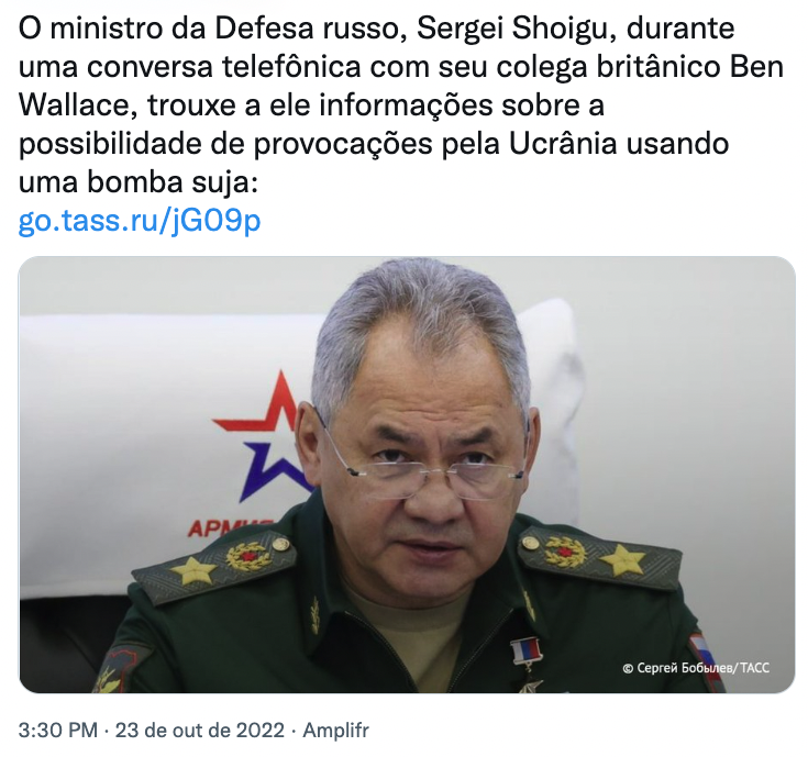 hoje_no's tweet photo. Depois de dezenas de ameaças nucleares, hj a Rússia disse q a Ucrânia detonará uma bomba suja (bomba de radiação) em alguma grande cidade ucraniana p/culpar a Rússia. Essa semana propagandistas russos disseram que a Ucrânia tem uma ogiva nuclear pronta p/ser detonada em Mykolaiv. https://t.co/PoXbW1brhY