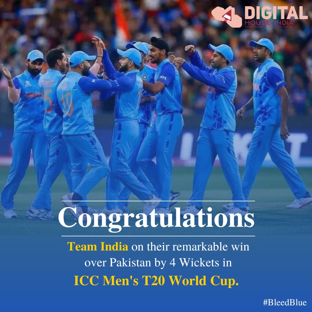 digihouseindia's tweet photo. No better way to begin the World Cup. Stunning Performance!  
Congratulations #TeamIndia on their remarkable win over Pakistan by 4 wickets in ICC Men's T20 worldCup. 
#BleedBlue 🇮🇳🤞 #WCT20 https://t.co/vXiYZKNmkc