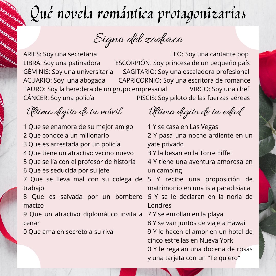 Vamos a jugar un rato. ¿Quieres saber cuál sería la trama de la novela romántica que protagonizarías?😍😍😍