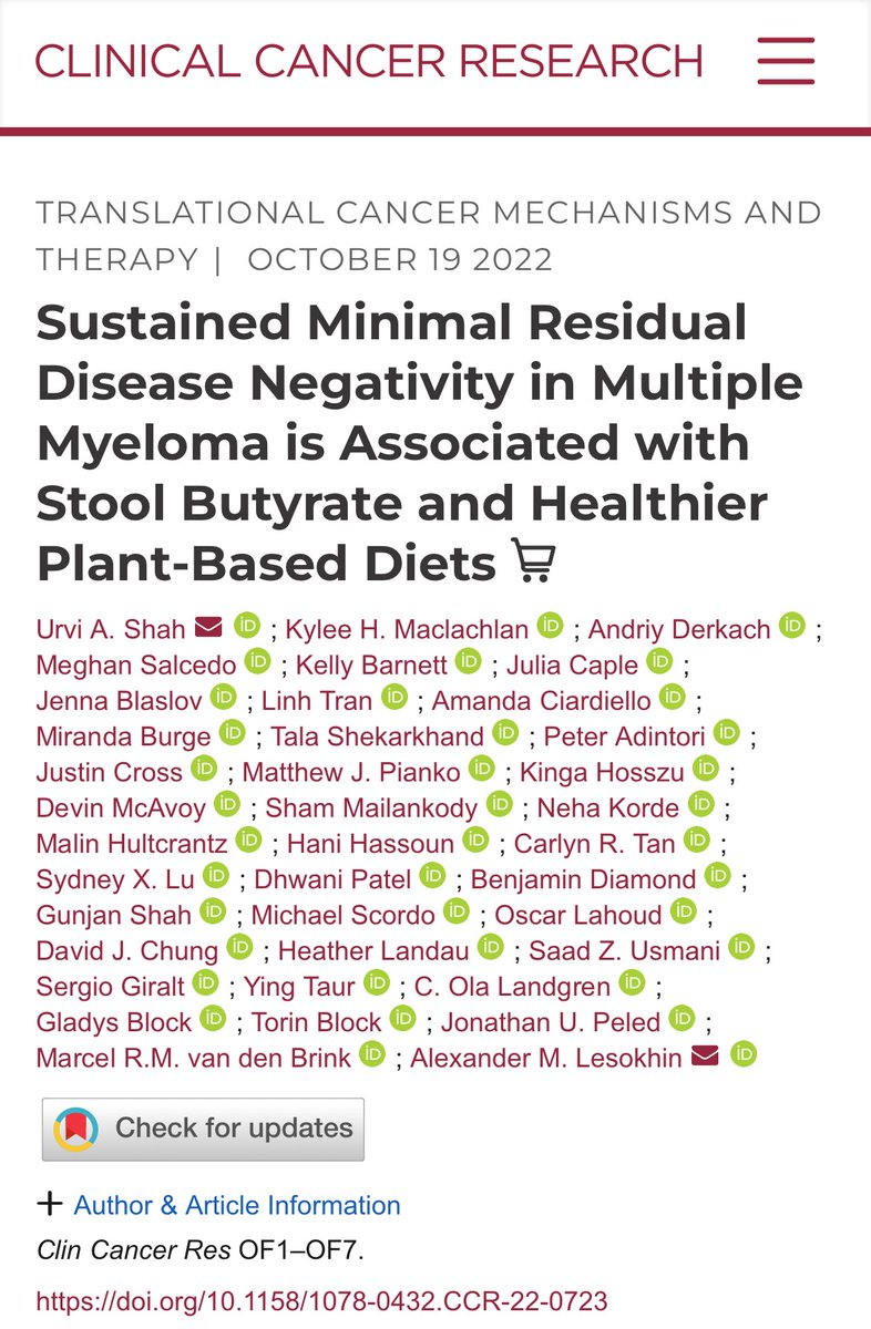 1/5 Our paper @CCR_AACR shows sustained MRD negativity in MM is associated with stool butyrate and healthier plant based diets. @LesokhinMD @MSKCancerCenter @MSKHemOncTrials @AACR @HealthTreeMM @theMMRF @IMFmyeloma @aicrtweets @ASH_hematology #mmsm aacrjournals.org/clincancerres/…