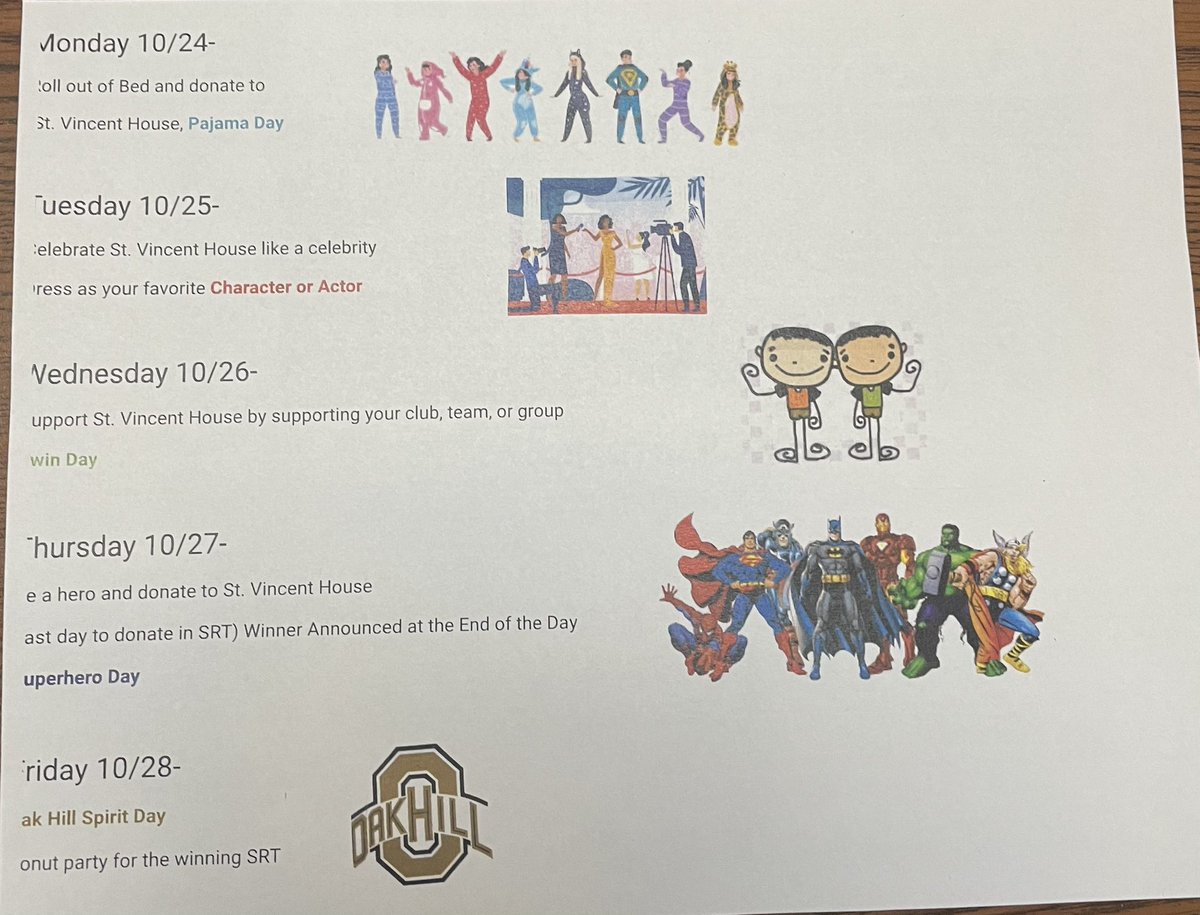 NhsOhhs's tweet photo. This week we will be having dress up days. This is a competition on who can raise the most money for the NHS field trip to the St. Vincent house! The SRT who raises the most money will get a donut party!! 🍩 https://t.co/6fDerXGlaH