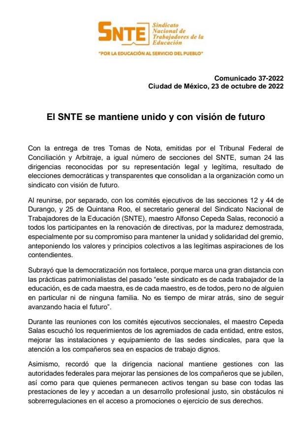 Seccion44SNTE's tweet photo. #SNTENacional
#Seccion44
#Ruta44
Comunicado 37-2022
El SNTE se mantiene unido y con visión de futuro.
Con la entrega de tres Tomas de Nota, emitidas por el Tribunal Federal de Conciliación y Arbitraje, a igual número de secciones del SNTE, suman 24 las dirigencias reconocidas . https://t.co/kXT9Q1nBv4