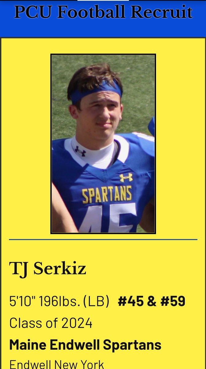 PCUFOOTBALL's tweet photo. PCU Football Recruit -
TJ Serkiz (MLB)
5'10 196lbs #45 / #59
Class of 2024
Maine Endwell HS Endwell NY
https://t.co/wVQWH6Rwz4
#PCUFootballRecruit
#PCUFOOTBALL https://t.co/Q6HsLcOAI4