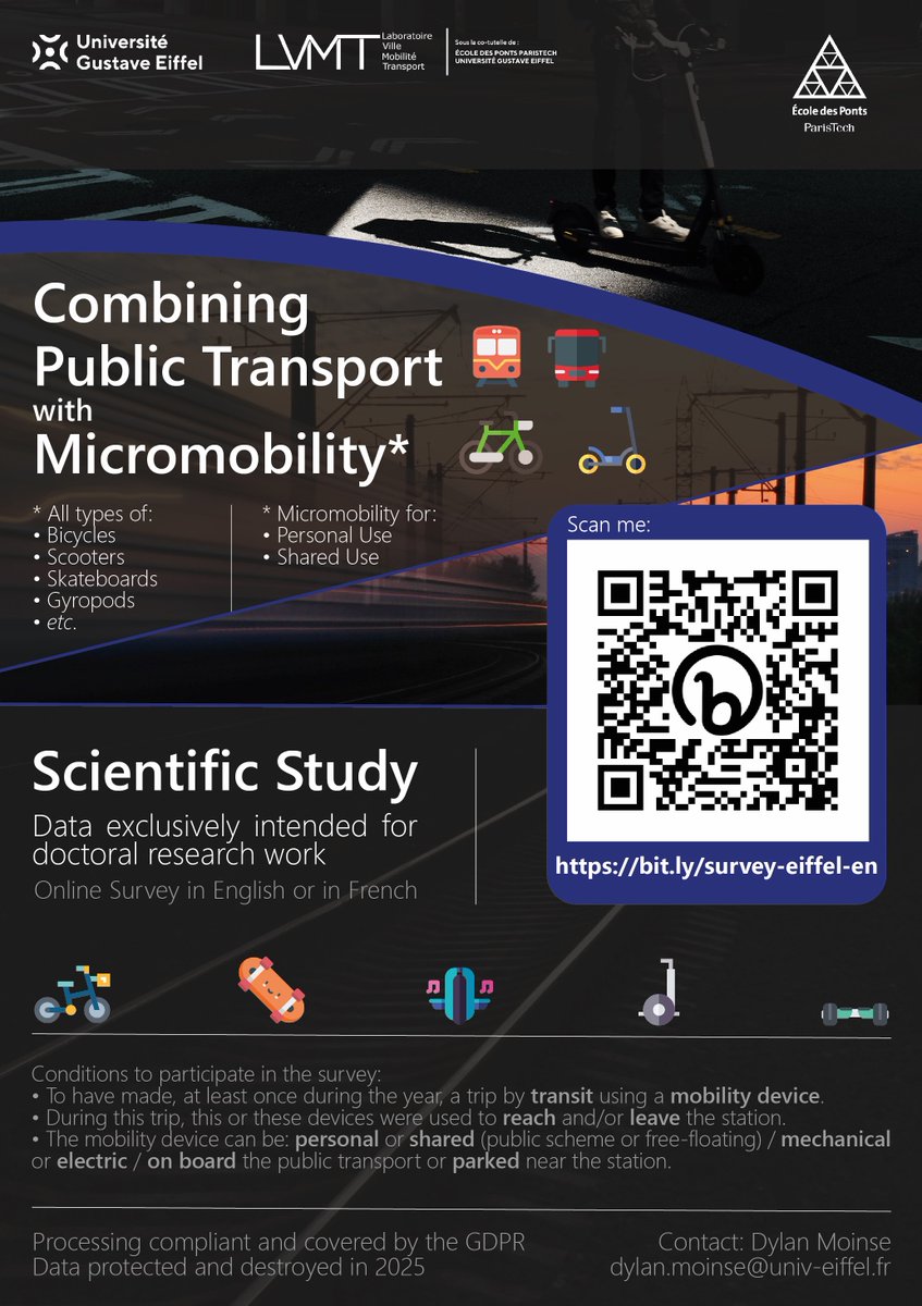 [#MOBILITY SURVEY 🏙️]

🚲 You ride a mobility device to get to or from a #PublicTransport station? 🛴➕🚆
Please take part in this @UGustaveEiffel science #survey by completing this online #questionnaire 📊

➡️ bit.ly/survey-eiffel-…