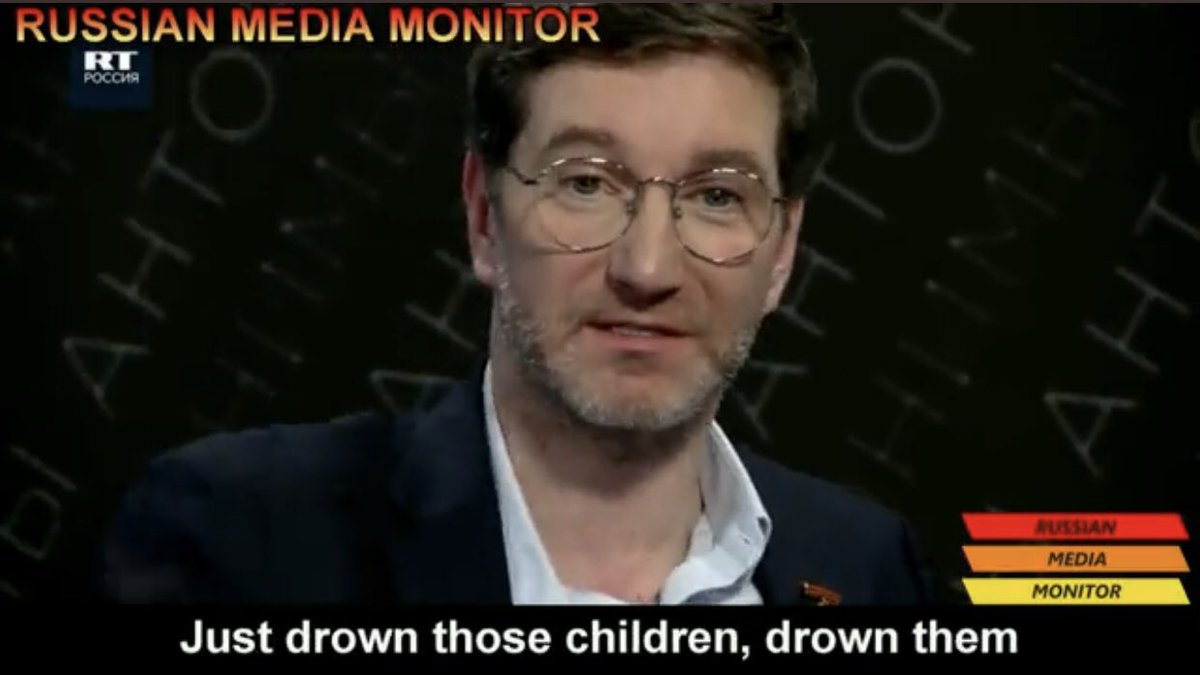IMatviyishyn's tweet photo. Anton Krasovsky, RT’s director of broadcasting, has been inciting to genocide against Ukrainians even before Russia’s total war. But the fact that he talks about killing Ukrainian children and raping women, still free and laughing, is sick. #banRT globally https://t.co/sxRZmvkrSE