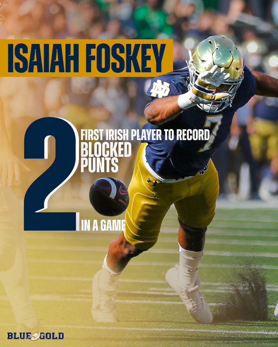 Only one Notre Dame player in the 116-year history of Fighting Irish football has blocked two punts in the same game. His name is Isaiah Foskey.