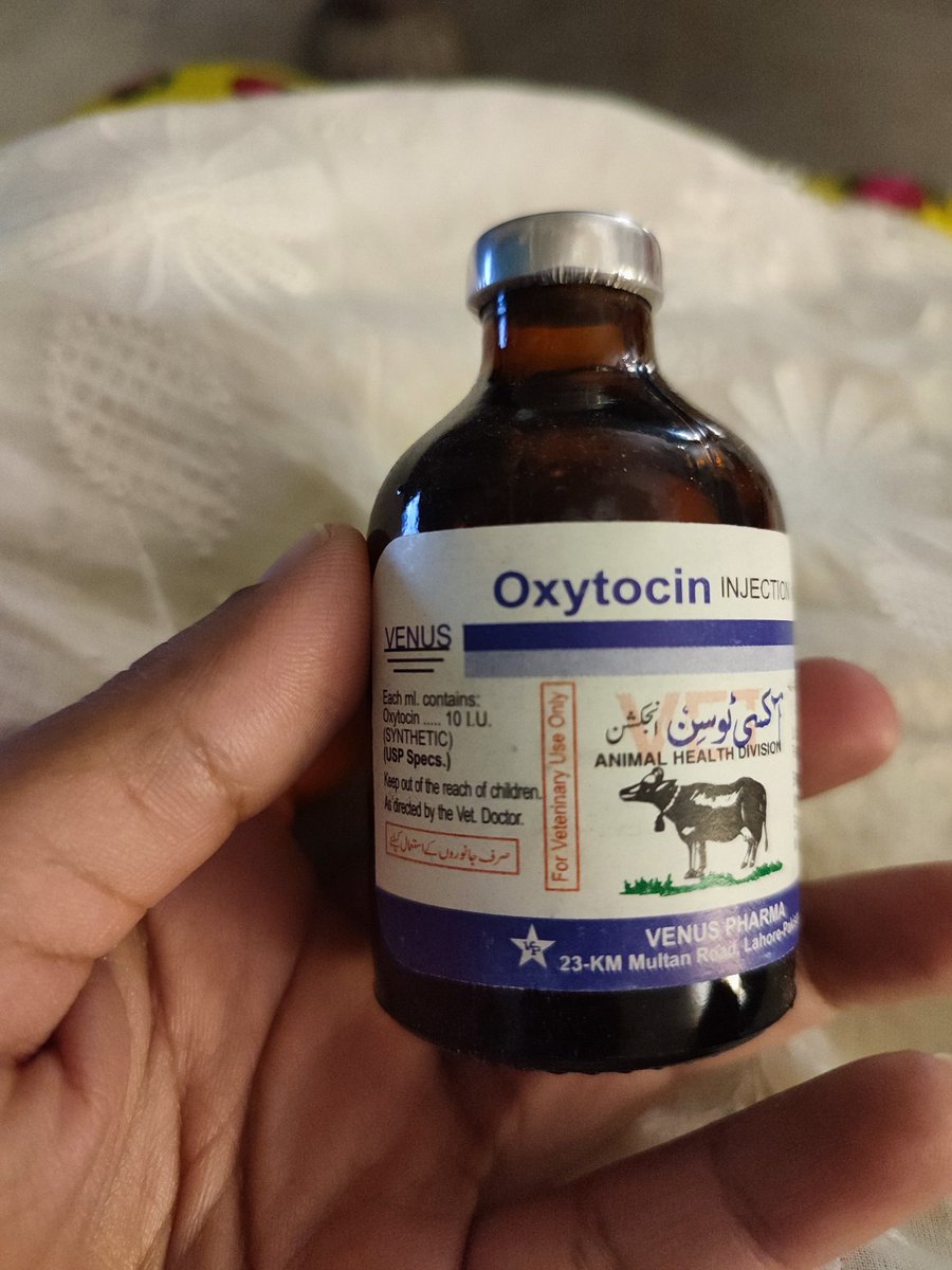 Nehamanks's tweet photo. Untrained birth attendants in Pakistan use vetarinary oxytocin to induce and augment labor and for abortions. This 50ml vial they say is cheaper and stronger than ampules. "I put one vial a night in my pocket and it lasts me a few deliveries" https://t.co/bMfq5RzOFv