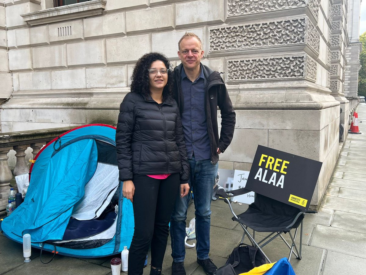 Today I went to see family and friends of Alaa Abd El-Fattah, camped outside the foreign office, demanding justice for Alaa who has been on hunger strike in an Egyptian jail for 205 days. #FreeAlaa 1/4