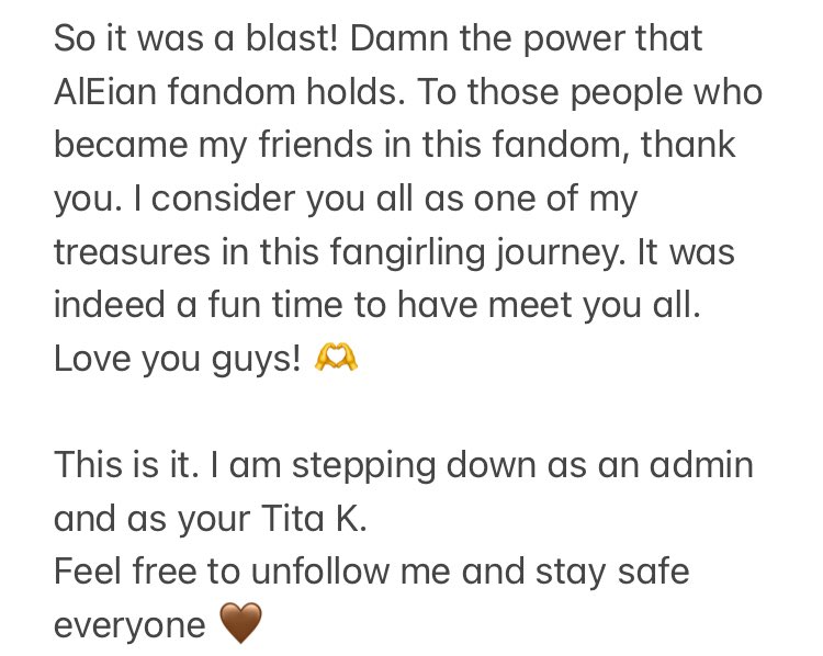 AlEianstan_'s tweet photo. THANK YOU @titasofaleians 
Wishing y’all nothing but a lot of happiness and success! There's a lot more to achieve! See you on the other side. 😘

@AlEianstan_ officially signing off 💨 https://t.co/1WqYBGicio