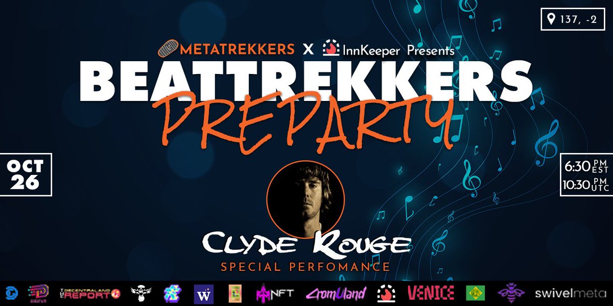 Before we witness the amazing talents of <a href="/SteveSaiko/">Steve Sai</a> vs <a href="/category5music/">cat 5</a> , let's meet first at the <a href="/innkeeperdoteth/">innkeeper.eth</a> land in #Decentraland 📍137,-2 for a pre-event party at 6:30PM EST!

Let's have fun with <a href="/clyderougedj/">Clyde Rouge</a> 🔥

✅RT to get a special pack of #Wearable

#Metaverse #Web3