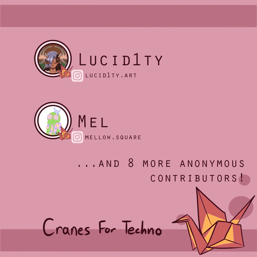 cranes4techno's tweet photo. Here is our contributor lineup! Each contributor folded around 60 cranes for the project. Thank you for your support! #technoblade #technosupport #mcyt #dsmp #riptechno https://t.co/NAvBGj9SUZ