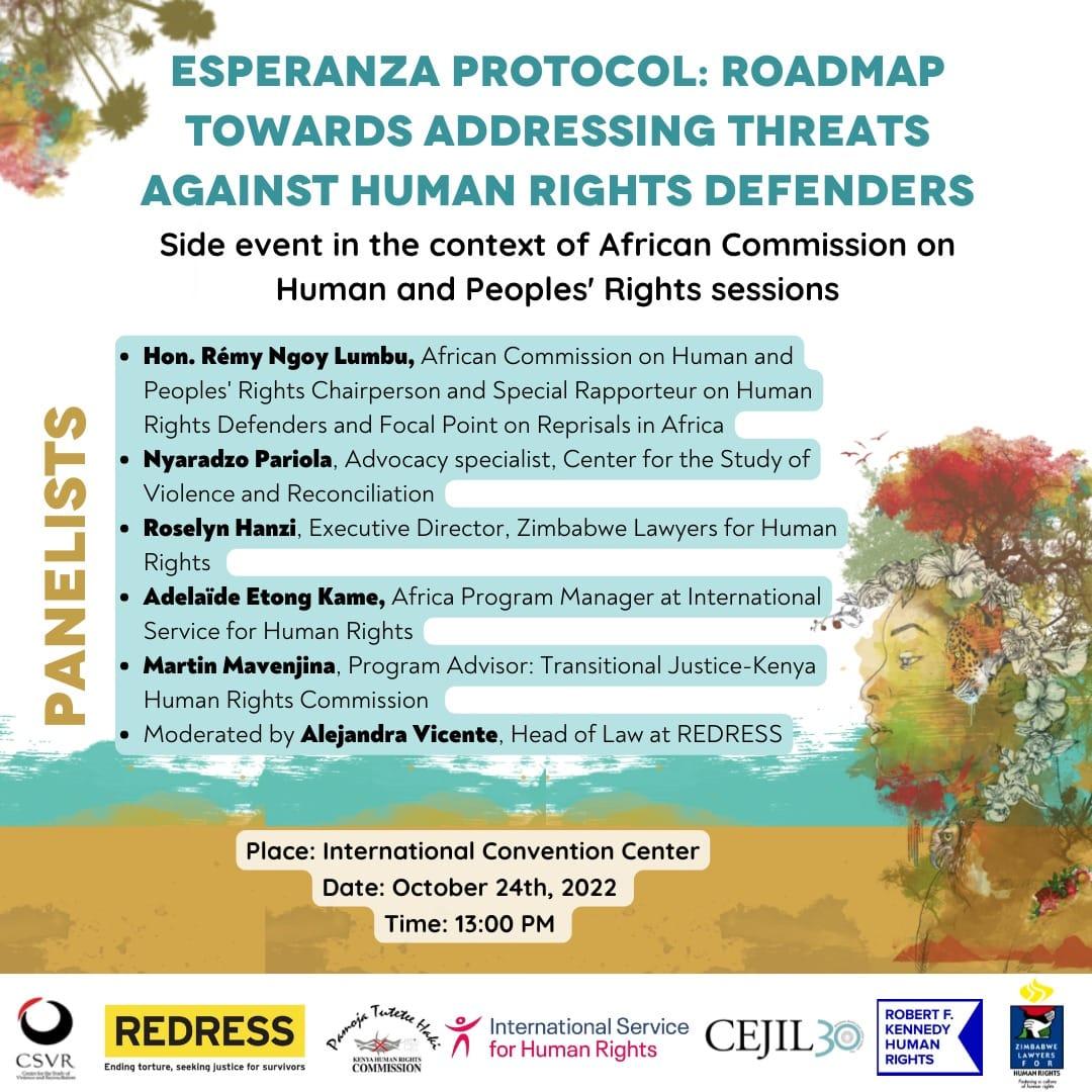 Join @thekhrc @_CSVR & other CSO partners for this important conversation on the Esperanza Protocol:Road map towards addressing threats against Human Rights Defender's tomorrow at the international convention center from 13.00pm Gambian time @INCLOnet #achpr73 #esperanzaprotocal