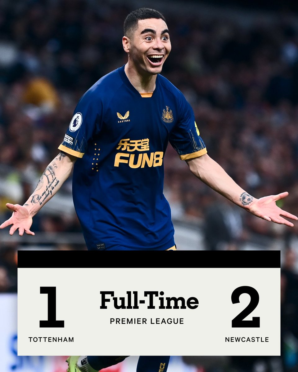 FT Tottenham 1-2 Newcastle ⚽ 31': Wilson ⚽ 40': Almiron ⚽ 54': Kane A big win for Newcastle who take all three points home from north London and move into the top four. Boos around Tottenham Hotspur Stadium. #THFC | #NUFC | #TOTNEW