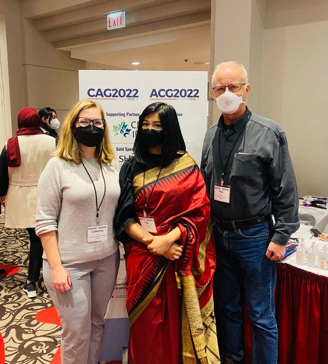 DrDiyaChowdhury's tweet photo. Decided to wear my mom’s saree (formal Bangladeshi attire) at #CAG_2022 to represent my culture, and intentionally signalling that academia doesn't have to (and shouldn't) look one way! With my wonderful co-supervisors @paulstolee and @CTong_geron! @GHS_UW @cagacg https://t.co/ULsdeRFnCf