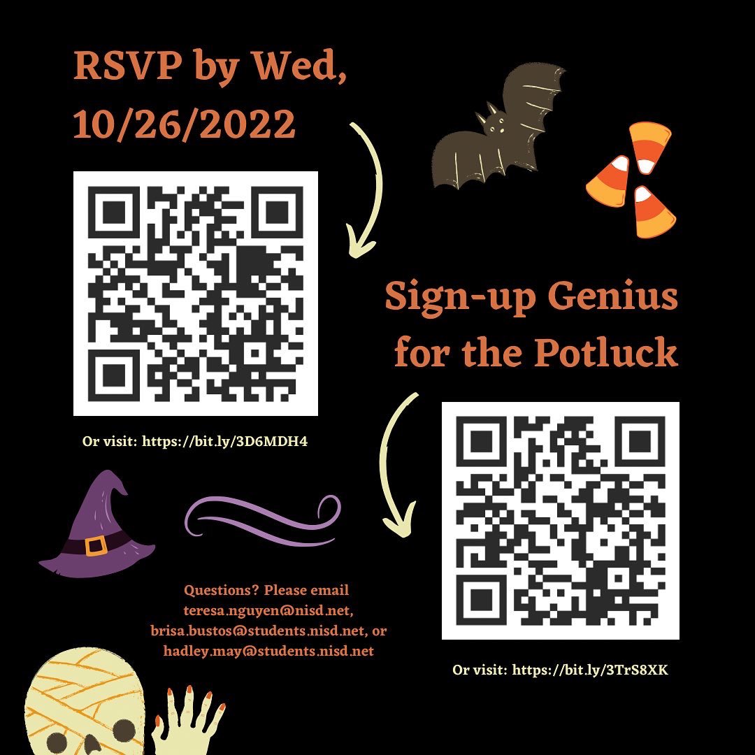 Hey, Coogs! We’ll be hosting this year’s Halloween Party on Friday 10/28 @ 7-10 PM. Costumes are encouraged! 

It will be a potluck so be sure to RSVP and fill out the SignUp Genius as soon as possible. See you there!

#clarktexas #NISDLegends #orchestra #clarkcougars <a href="/NISDClark/">Tom C. Clark HS</a>