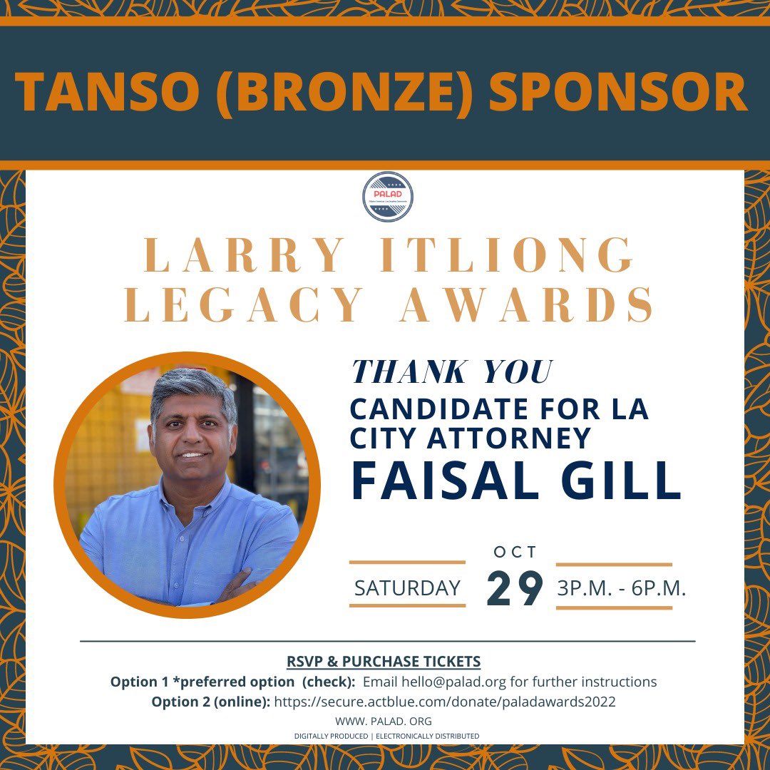 PilipinoDems's tweet photo. Thank you, Faisal Gill, for sponsoring PALAD at the Tanso (Bronze) level! Join us next Saturday, October 29th for our 2022 Larry Itliong Legacy Awards! Become a sponsor and purchase tickets to attend at https://t.co/tzdp0iVQ5b
#FAHM2022 #LarryItliong #PALAD https://t.co/wHFfABol2V