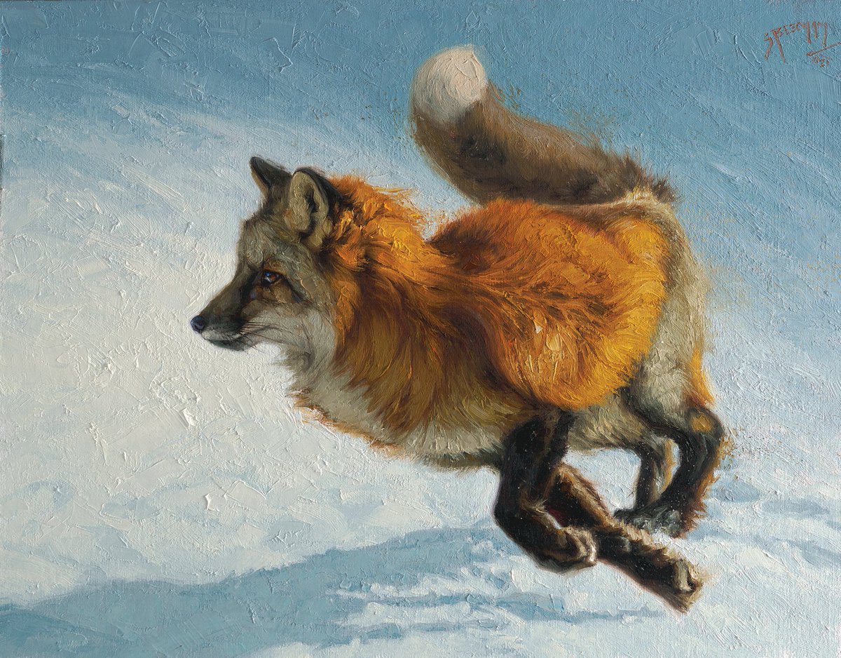 "A Quick Turn Around" - 2021 - Fox - oil on linen
.
Winter is here! The first snow of the season is coming down!