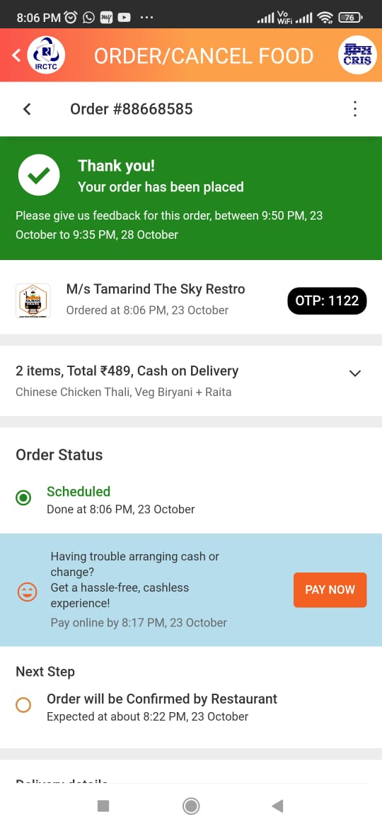 Palash98317's tweet photo. #IndianRailways #railseva #irctc
travelling in train no. 18006 PNR 6409190888 ordered food in IRCTC e catering service with order no. #88668585 delivery at Rourkela but no food is arrived after constant calling, now it shows order arrived. Do the needful that we don't get cheated https://t.co/kCiP6t37Sp