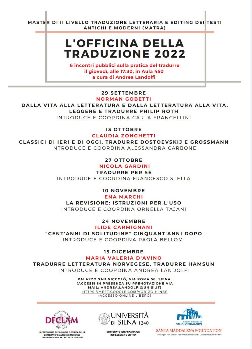 Buon lunedì con 2h (ma bastano anche 5 minuti) di Norman Gobetti che parla della traduzione di Philip Roth 💕
youtube.com/watch?v=9-2MHG…
PS: gli incontri del ciclo "L’officina della traduzione" del DFCLAM si possono seguire online: vi lasciamo la locandina per il link e le date! 😉