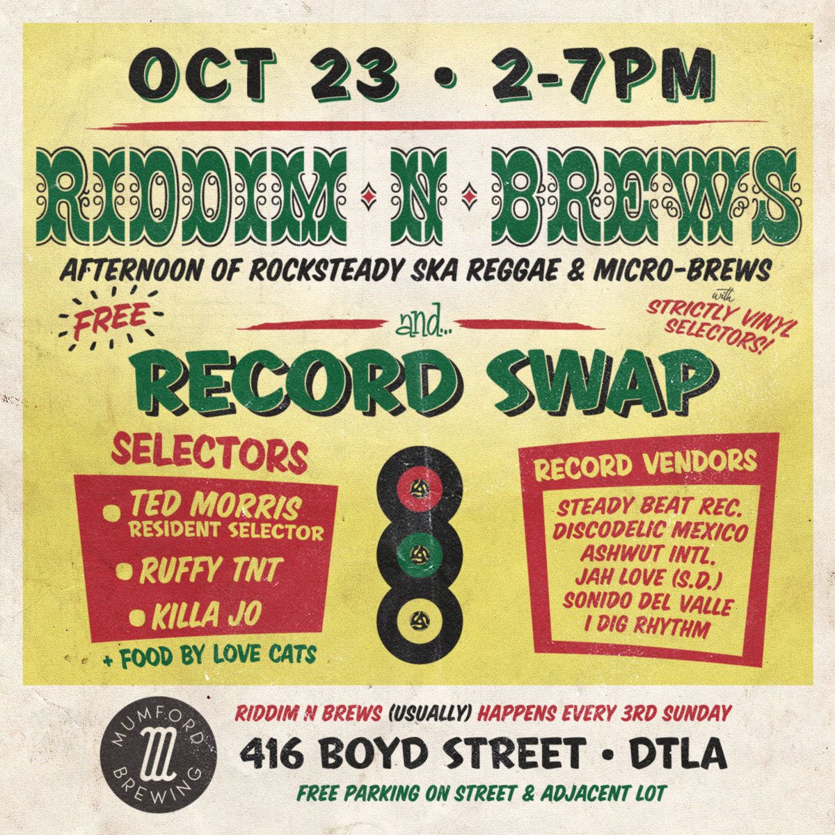 TheBossSound's tweet photo. TODAY in #DTLA! The First Ever #RecordSwap Edition of RIDDIM N BREWS @MumfordBrewing! We'll have 6 Vendors, plus 2 guest selectors alongside resident Ted Morris. This event is #FREE and All Ages are welcome. Food by Love Cats LA https://t.co/M4jDvaJVoi