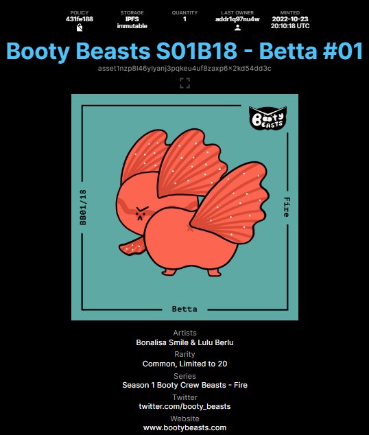 booty_beasts's tweet photo. Common Beasts do have their Mutant counterparts, Ultra rare (2 of each)! 🔥
We can't wait for the Special Beasts, 1:1 to be discovered! 13 left!!!🥵
Mint here: ⏬
https://t.co/OF9rIRpgNL
Cheers!❤️
#Cardano #ada #CNFT #CNFTCommunity #CNFTproject #CNFTNews #NFT #bootybeasts https://t.co/hKGzrrNeQN