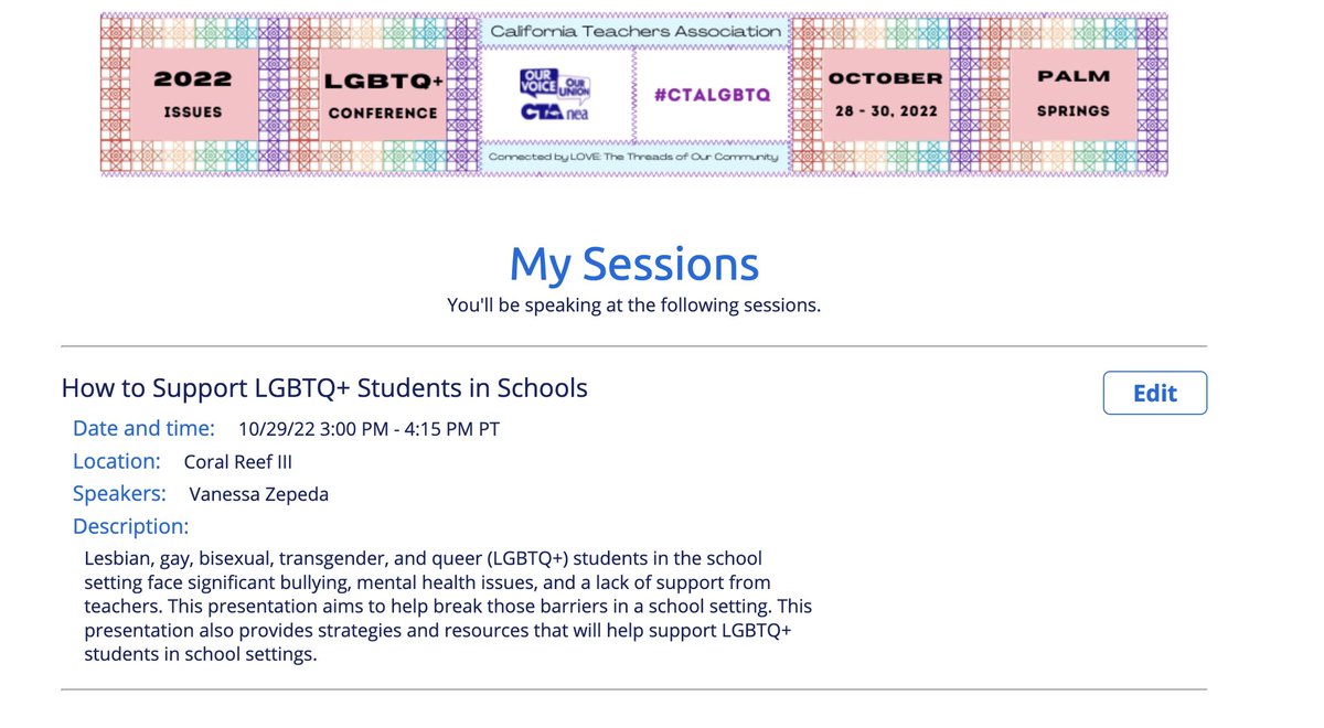 One week away. So excited for <a href="/WeAreCTA/">California Teachers Association</a> 2022 LGBTQ+ Conference! What an honor it’ll be to be presenting this upcoming weekend! 🏳️‍🌈