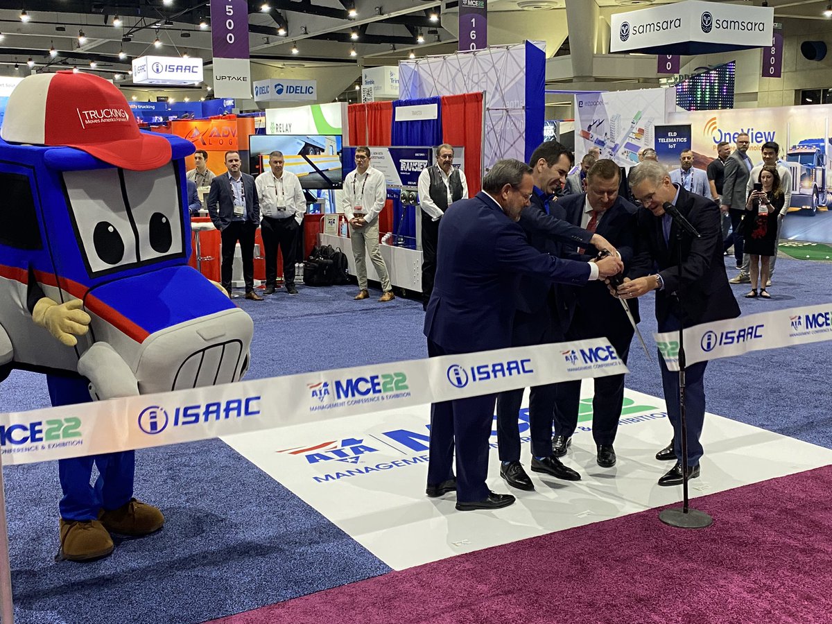 Todaystrucking's tweet photo. The exhibition portion of the American Trucking Associations’ management conference and exhibition is officially underway. The ribbon is cut. Now on with the show! @TRUCKINGdotORG @isaac_telemetry #ATAmce22 https://t.co/DWwObBJ7R7