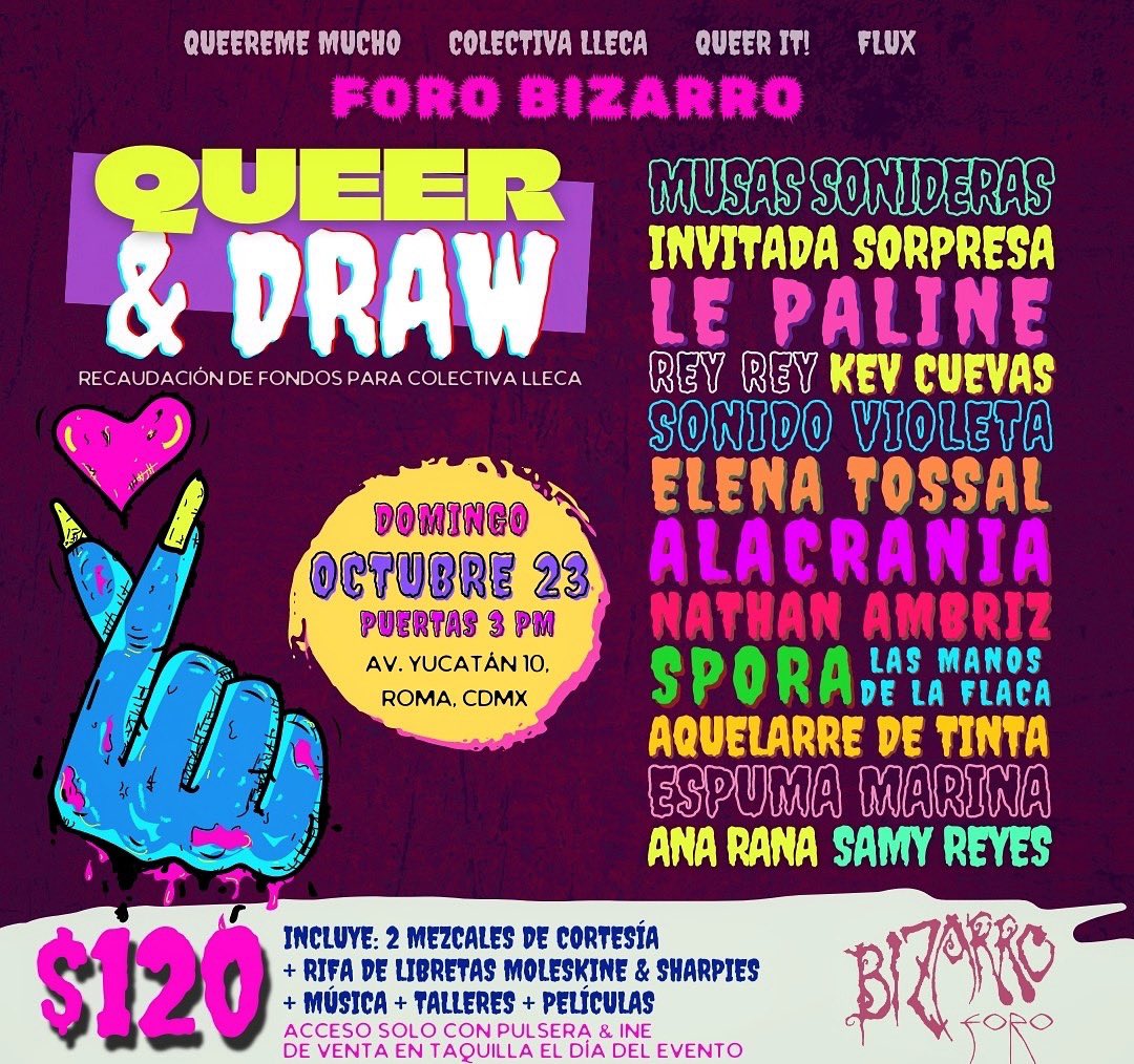 QueeremeMucho's tweet photo. 🏳️‍🌈🏳️‍⚧️🔥¡¡¡ES HOY!!!🔥🏳️‍⚧️🏳️‍🌈 Lxs esperamos desde las 3 pm en nuestro #QueerAndDraw en Foro Bizarro.

Puedes disfrazarte si así lo deseas. 👻

$120 incluye talleres (previo registro), conversatorios, mercadita, drink &amp; draw, 2 shots de mezcal, música. 

¡TE ESPERAMOS🧟🌈🎃 https://t.co/O1N1aJSyeU