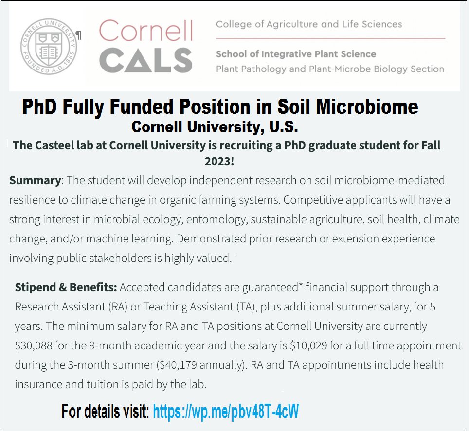 📌 PhD Fully Funded Position in Soil Microbiome at Cornell University in the United States 🇺🇸... Please Retweet and spread the word! For details visit the link below👉 wp.me/pbv48T-4cW