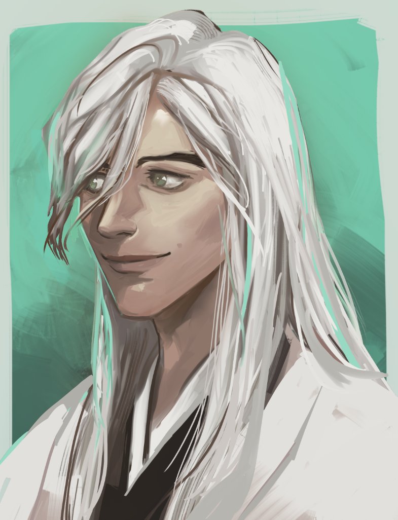 solo 1boy male focus long hair smile white hair green eyes  illustration images