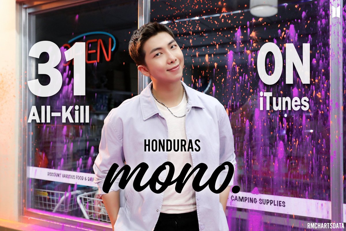 mono.'daki tüm şarkıların Honduras iTunes listesinde 1. olmasının ardından mono. 31. All-Kill'ine erişti. Tebrikler Kim Namjoon 🥳 #RMono31stAK