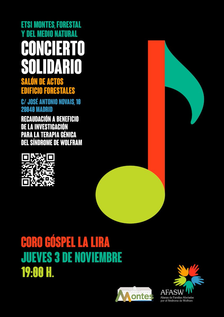 Ya falta poco para el concierto solidario del Coro Gospel <a href="/LaLiradePozuelo/">La Lira de Pozuelo</a> para la investigación para la terapia génica del síndrome de Wolfram. Pasaremos un buen rato en <a href="/MontesUPM/">ETSI de Montes, Forestal y del Medio Natural</a>!! Te esperamos! Campaña de mecenazgo en micromecenatge.uab.cat/sindromewolfra…
