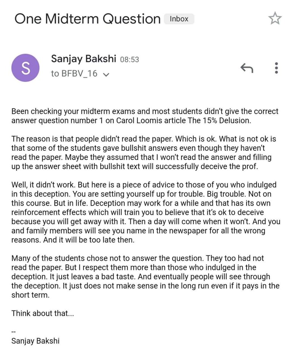 SarkarSouradip's tweet photo. On this day, 3 years ago, Prof. @Sanjay__Bakshi imparted us a lesson of a lifetime, just through one email.

No spoken words, no angry shouts, no penalties, just one email. Sharing it here for everyone to read. https://t.co/4aHwFdPAEN